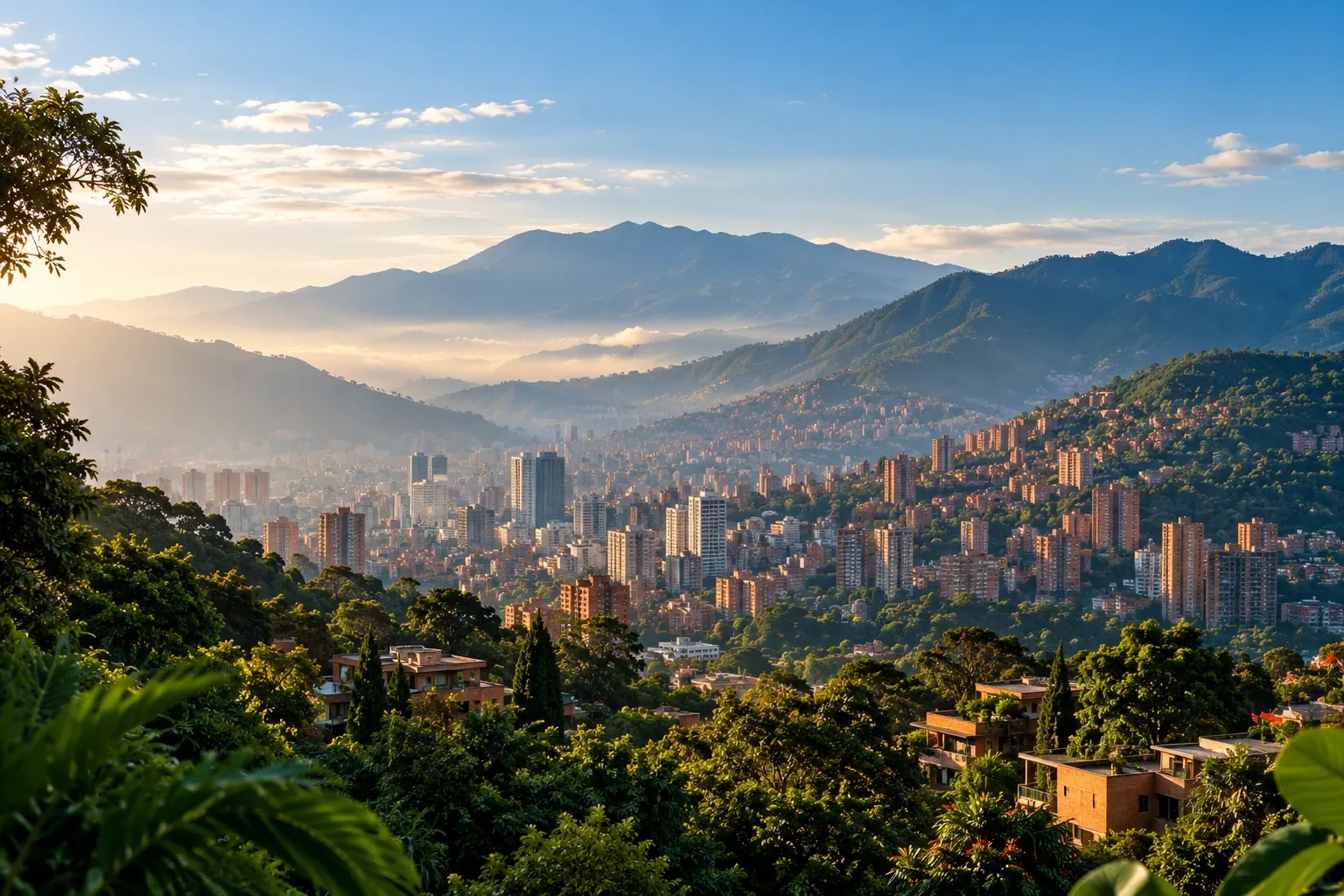 Hillside neighborhoods and high-rises in a green Andean valley on a clear morning