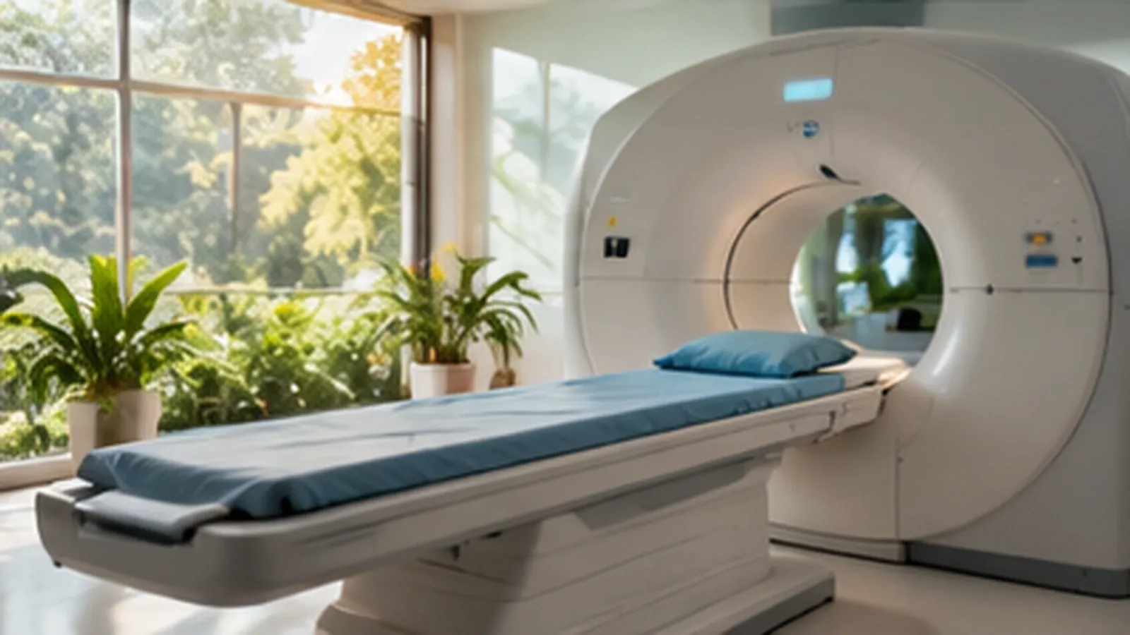 A CT scanner in a bright imaging room with tropical plants by the window