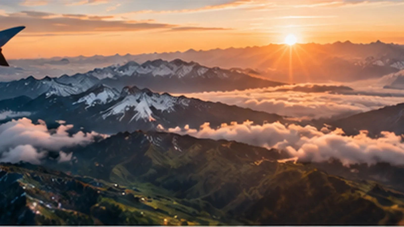 Snow-dusted Andean peaks above a sea of clouds at sunrise, seen from an airplane