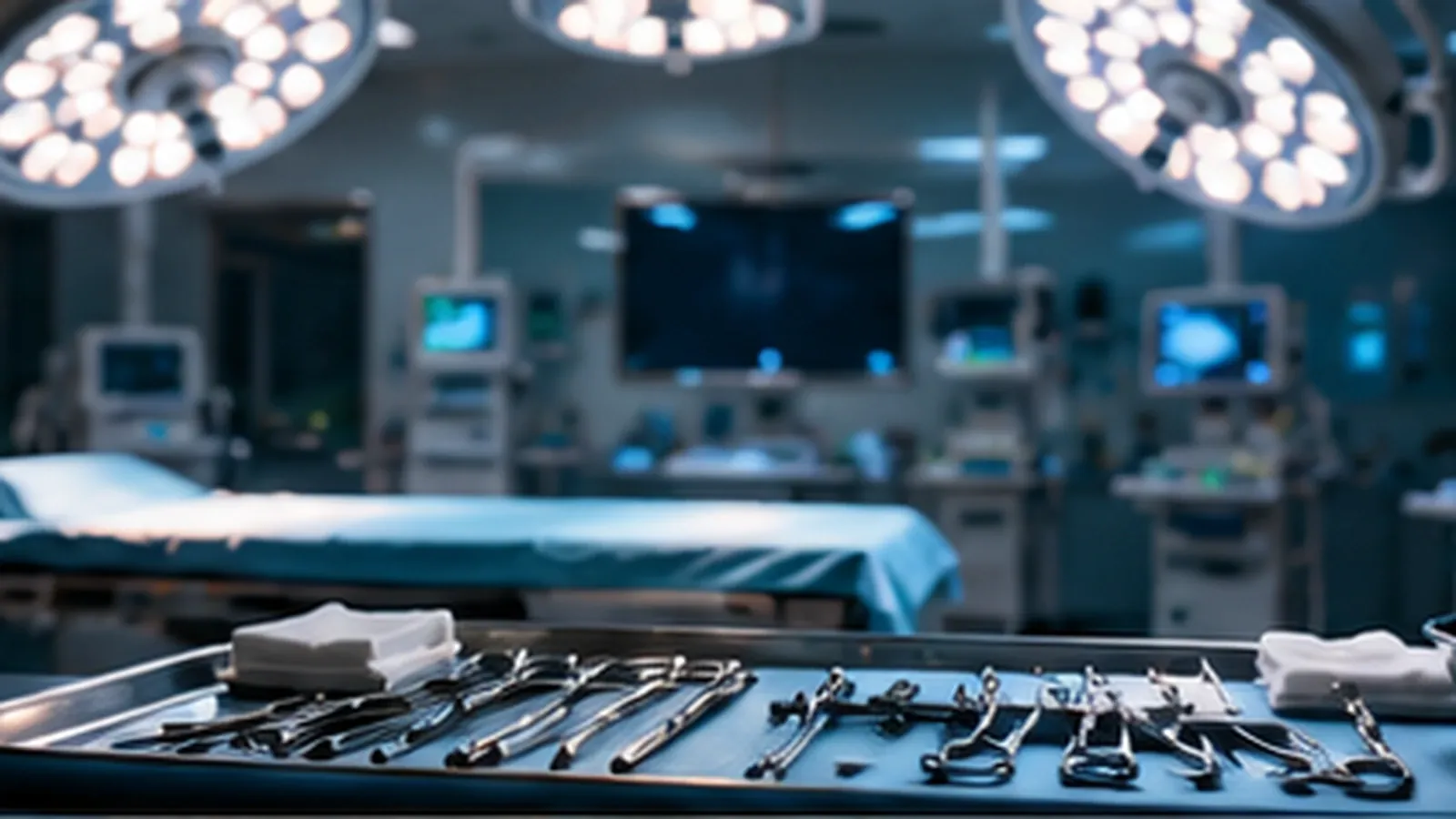 Sterile surgical instruments on a tray in an empty, dimly lit operating room