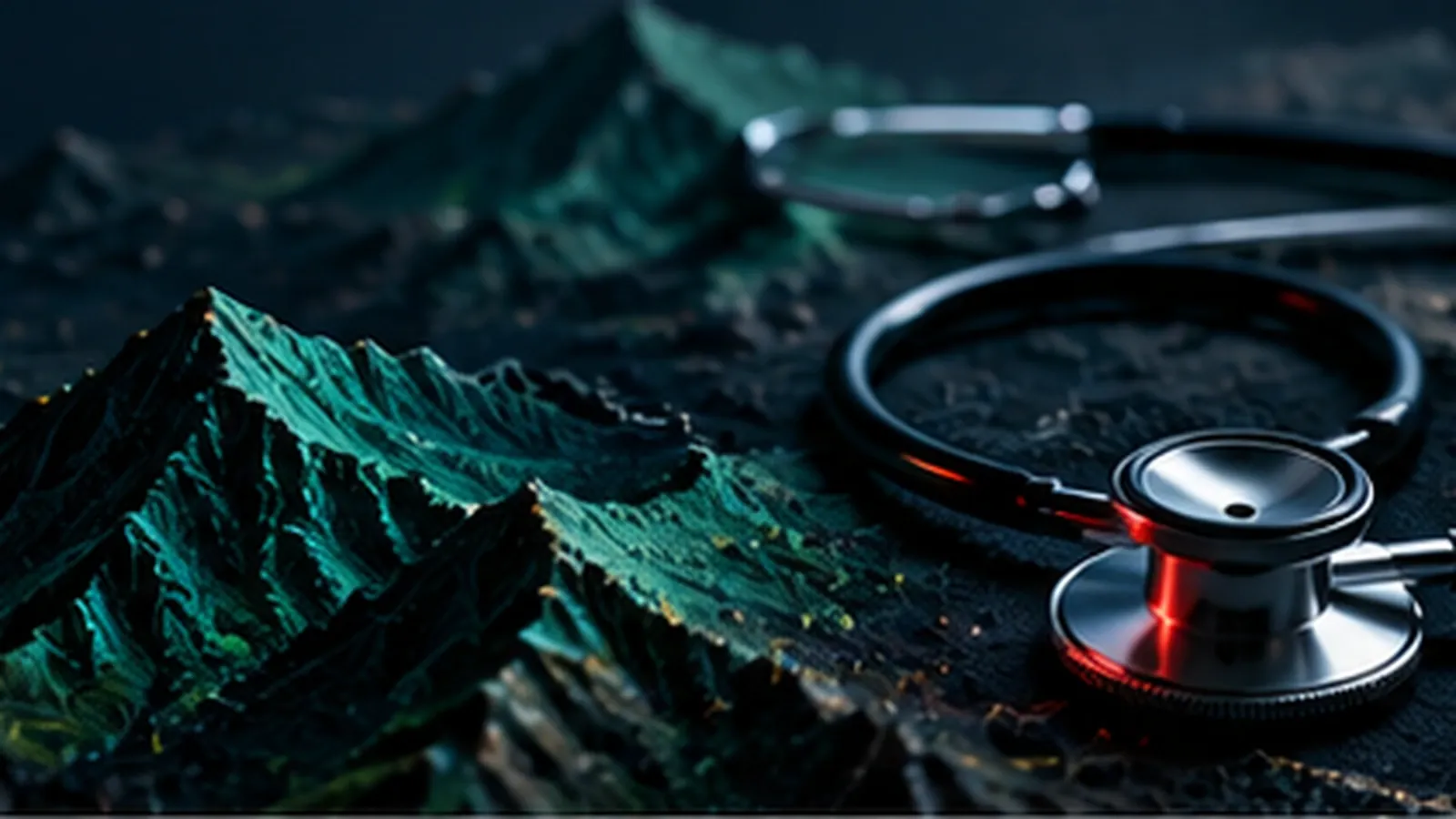A stethoscope resting beside a textured relief model of steep green mountains