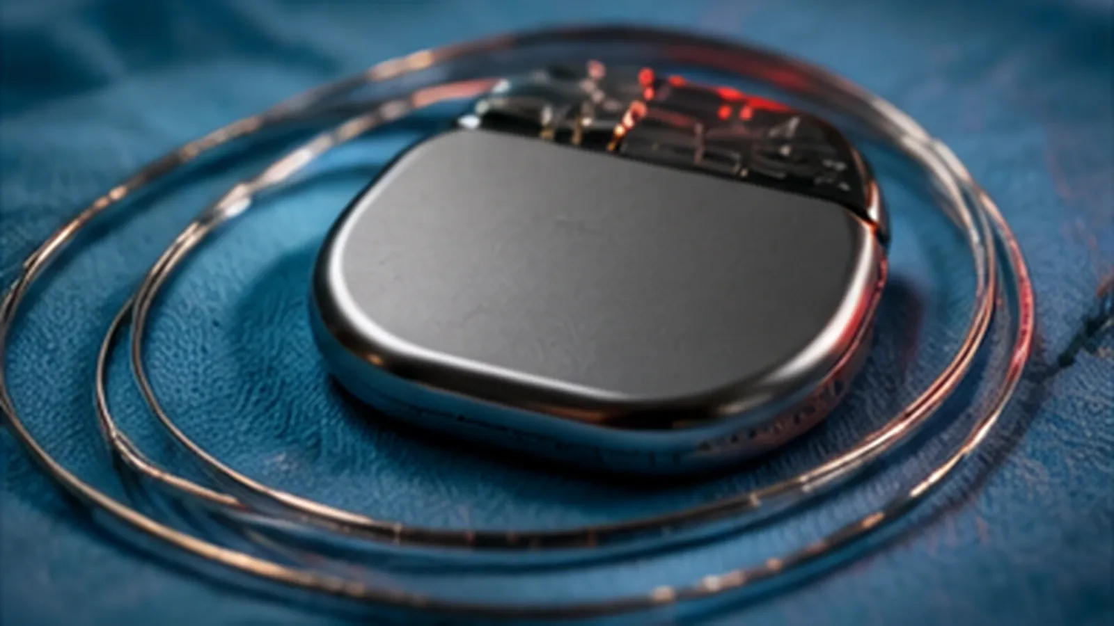 A small pacemaker with coiled leads resting on a blue surgical drape